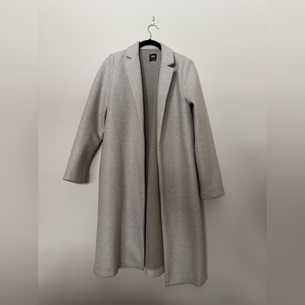 Zara Grey Long Trench Coat with Lapel Collar